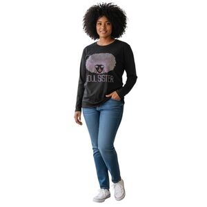 CCF FASHION Woman’s Black Long Sleeve Soul Sister Rhinestone Top size Large